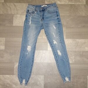 KanCan Women Blue Distressed Embellished Skinny Jeans Size 3